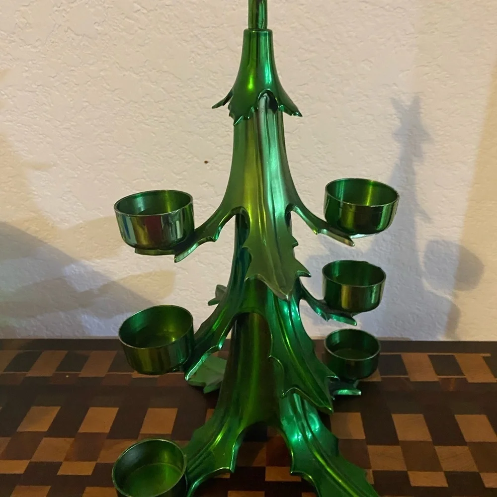 Vtg. Rare Pottery Barn 12” Green Heavy Metal Christmas Ball Candle Holder Tree
